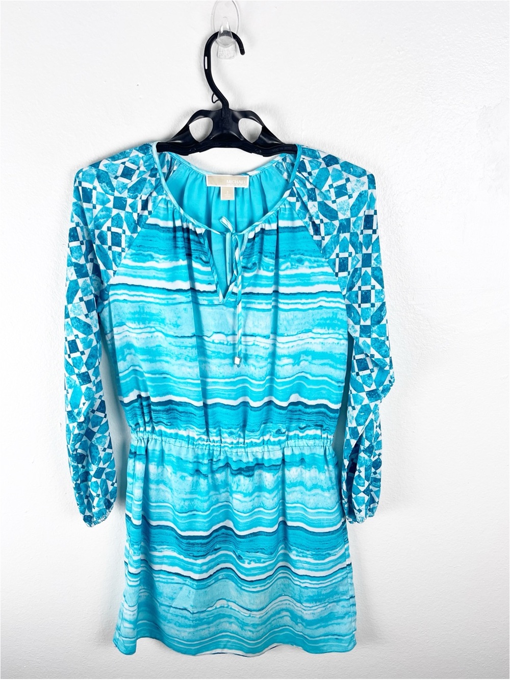 MICHAEL KORS Long Sleeves Turquoise Lapis Print Elastic Waist Blouson Dress 2